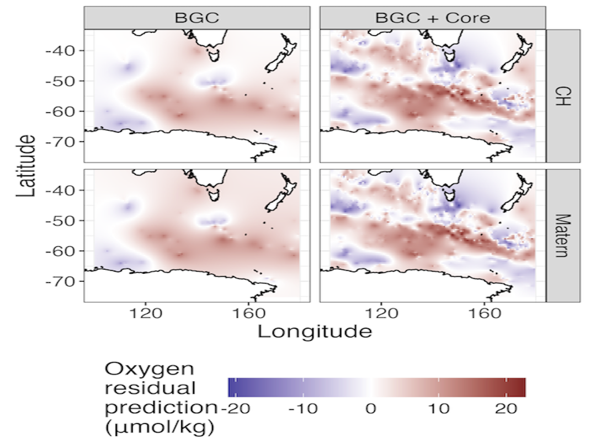 Oxygen prediction residuals in the Southern Ocean conditional on temperature and salinity using Argo data.